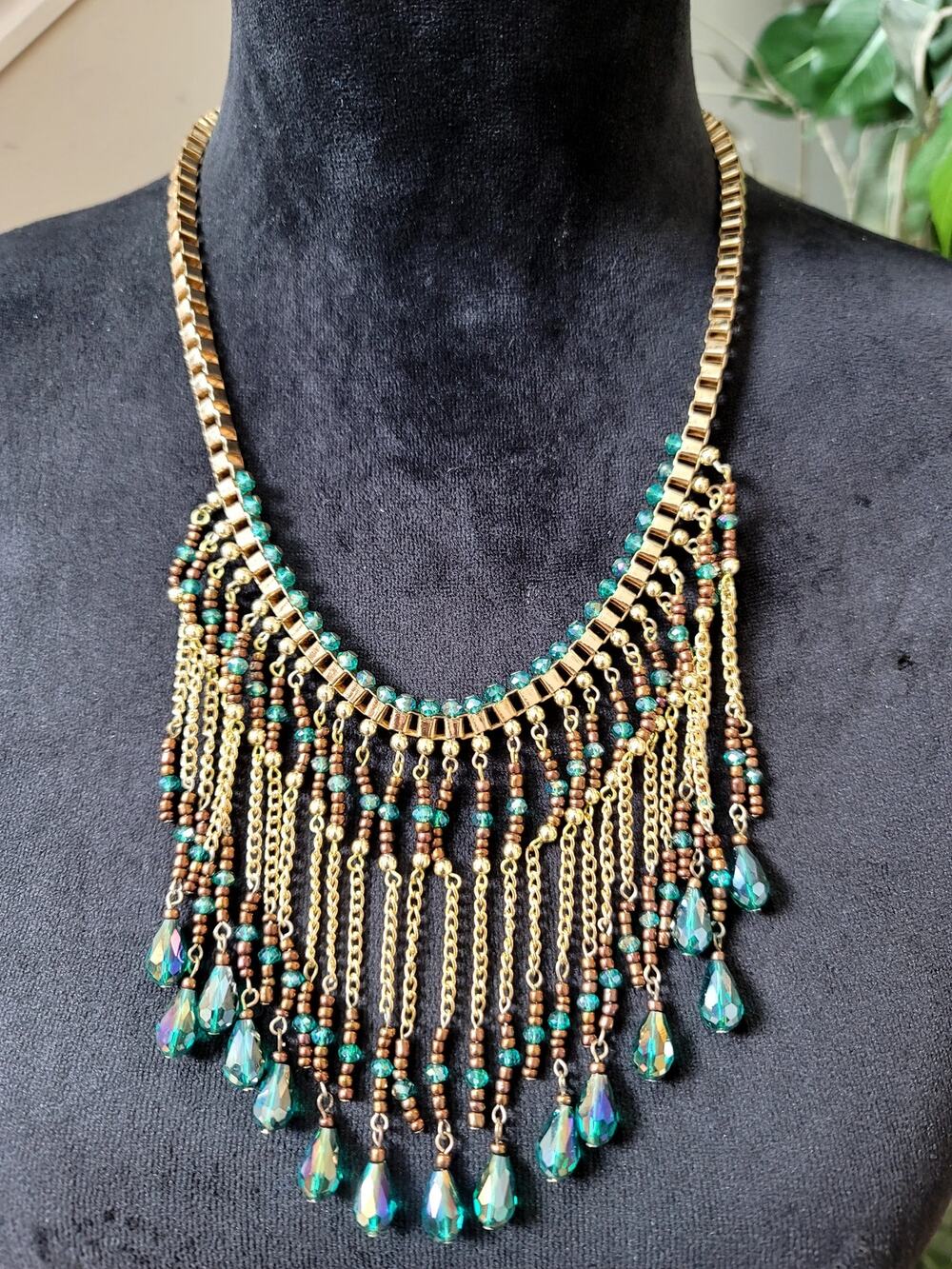 Turquoise Beaded Fringe Statement Necklace Gold Tone Boho